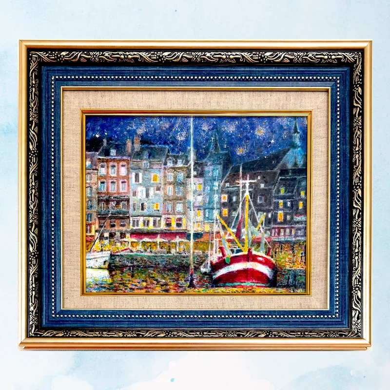 風景画「オンフルール・星降る港町」油彩画・F3/額付き