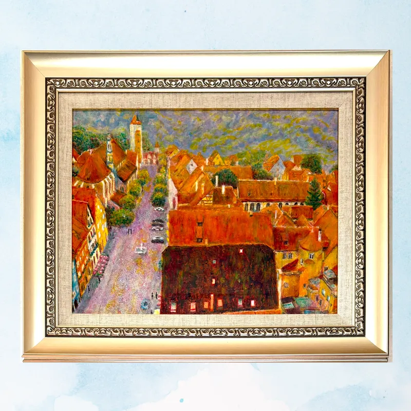 風景画「ローテンブルク旧市街」油彩画F6/額付き アクリル面