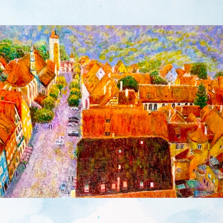 風景画「ローテンブルク旧市街」油彩画F6/額付き アクリル面