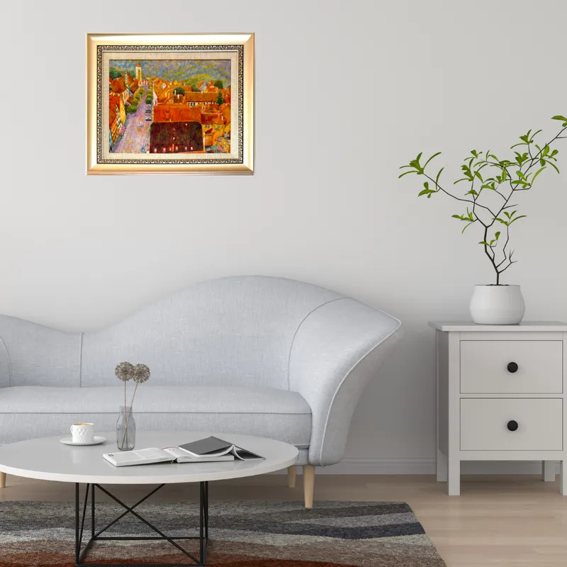 風景画「ローテンブルク旧市街」油彩画F6/額付き アクリル面