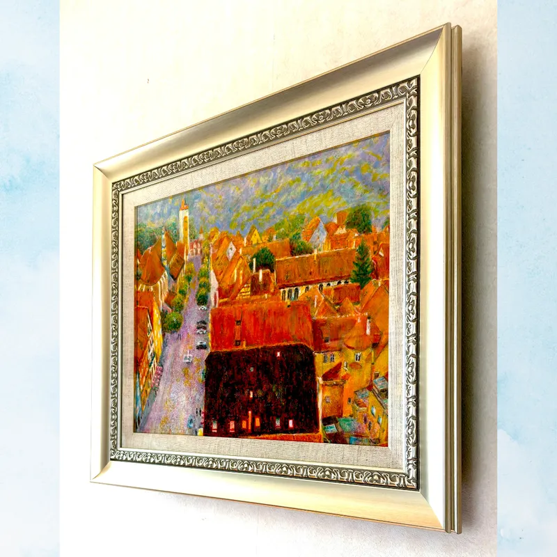 風景画「ローテンブルク旧市街」油彩画F6/額付き アクリル面