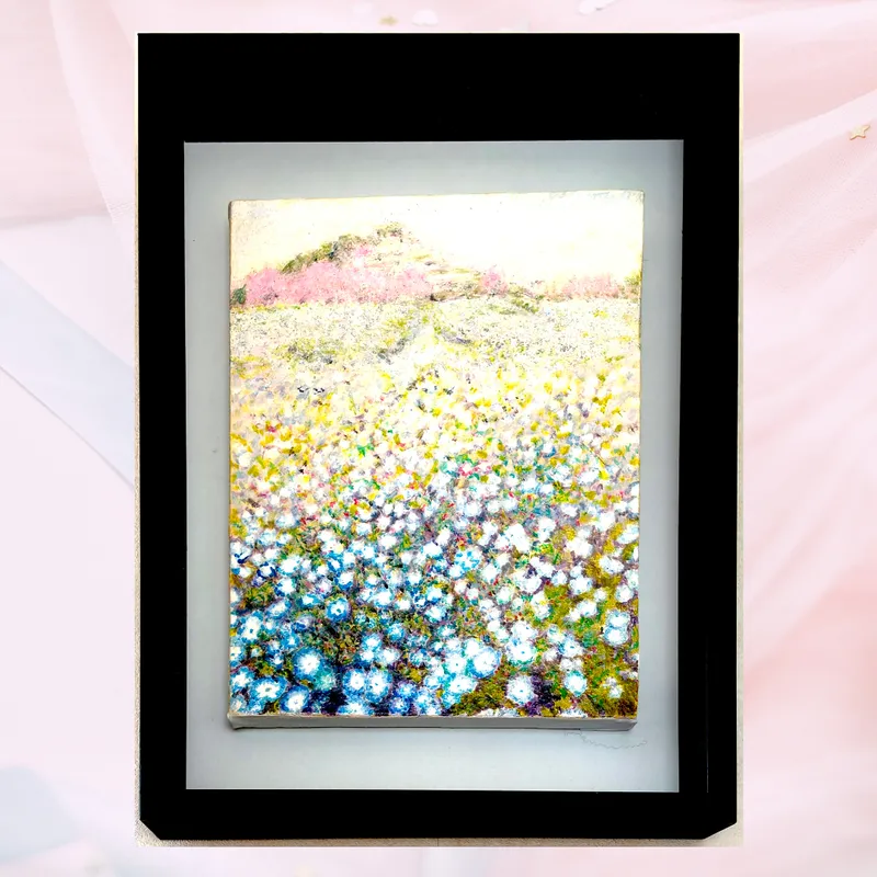 風景画「島の丘を彩るネモフィラ」油彩画 F3 額付き