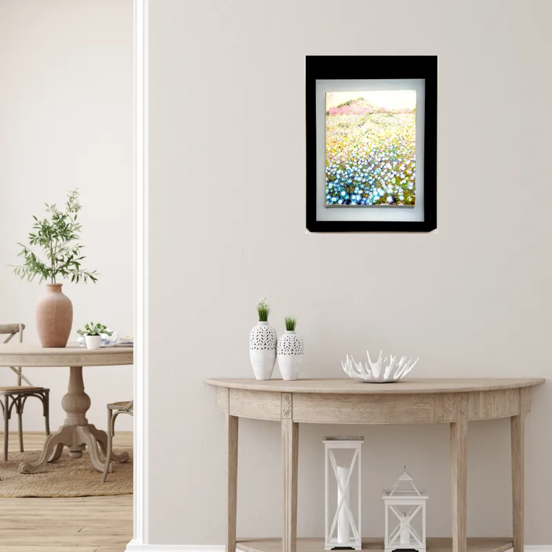 風景画「島の丘を彩るネモフィラ」油彩画 F3 額付き