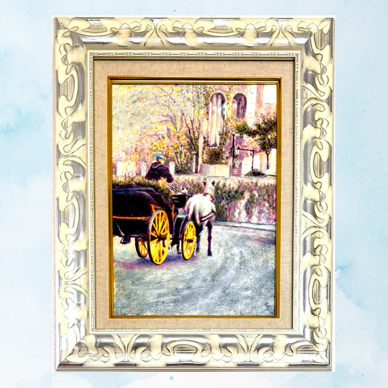 風景画「馬車が走る街」油彩画F4 額付き(アクリル面版)