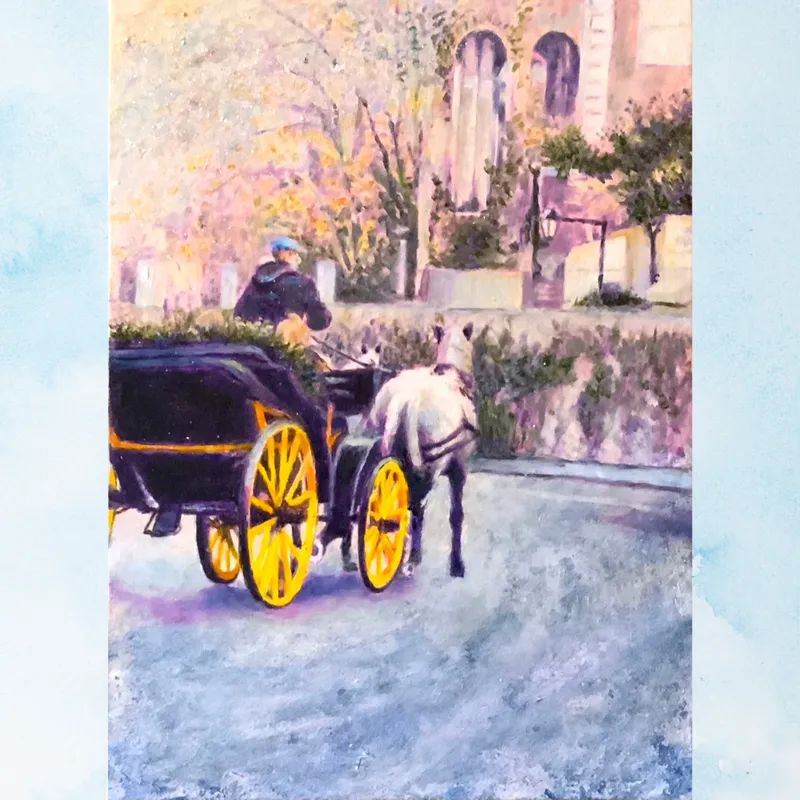 風景画「馬車が走る街」油彩画F4 額付き(アクリル面版)