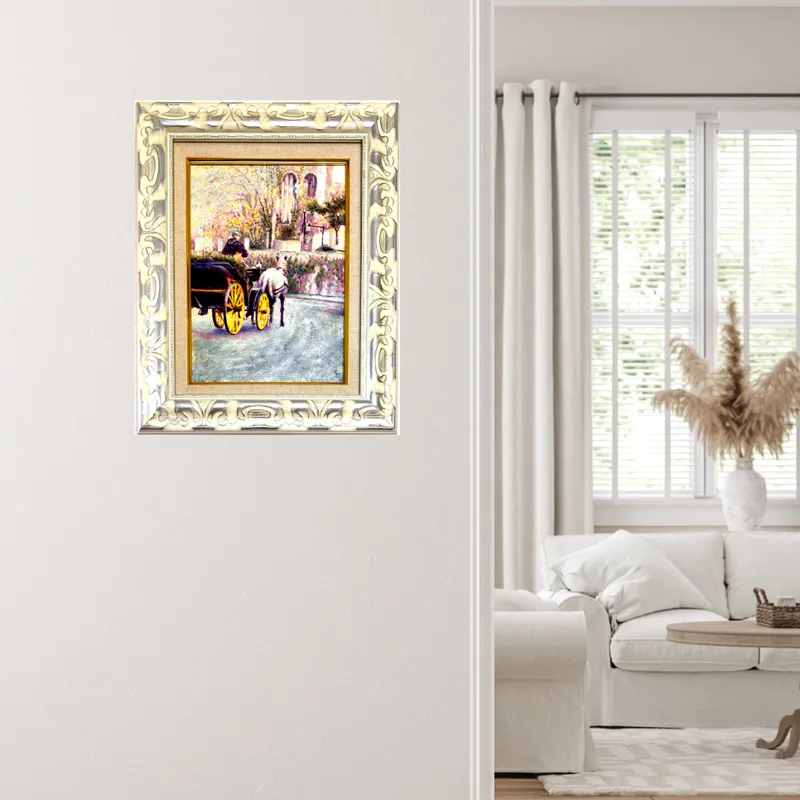 風景画「馬車が走る街」油彩画F4 額付き(アクリル面版)