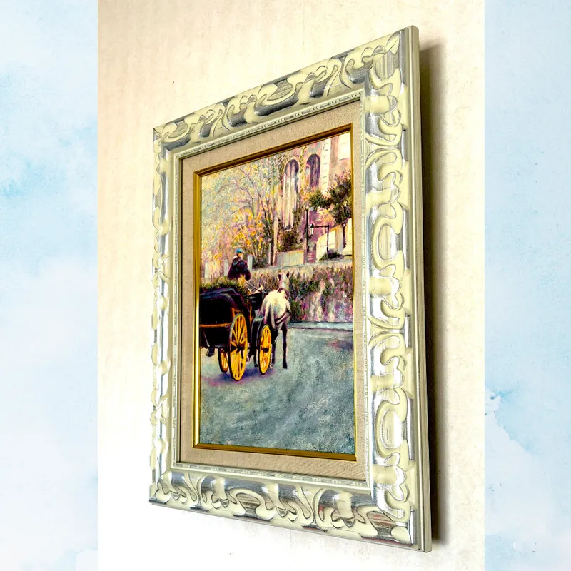 風景画「馬車が走る街」油彩画F4 額付き(アクリル面版)