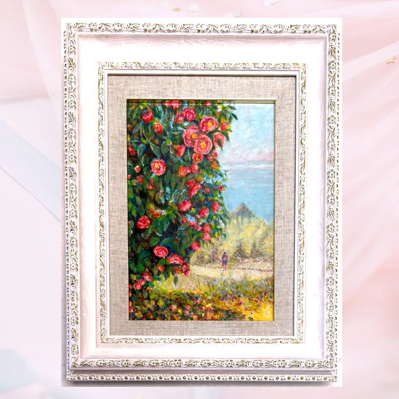 風景画「山に咲く赤椿」油彩画 SM/額付き