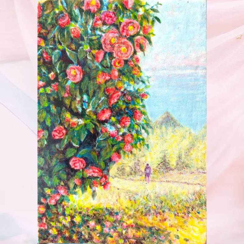 風景画「山に咲く赤椿」油彩画 SM/額付き