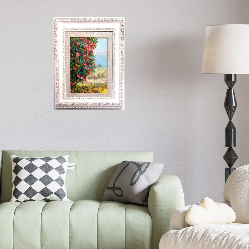 風景画「山に咲く赤椿」油彩画 SM/額付き