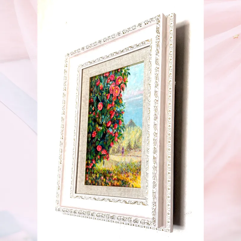 風景画「山に咲く赤椿」油彩画 SM/額付き