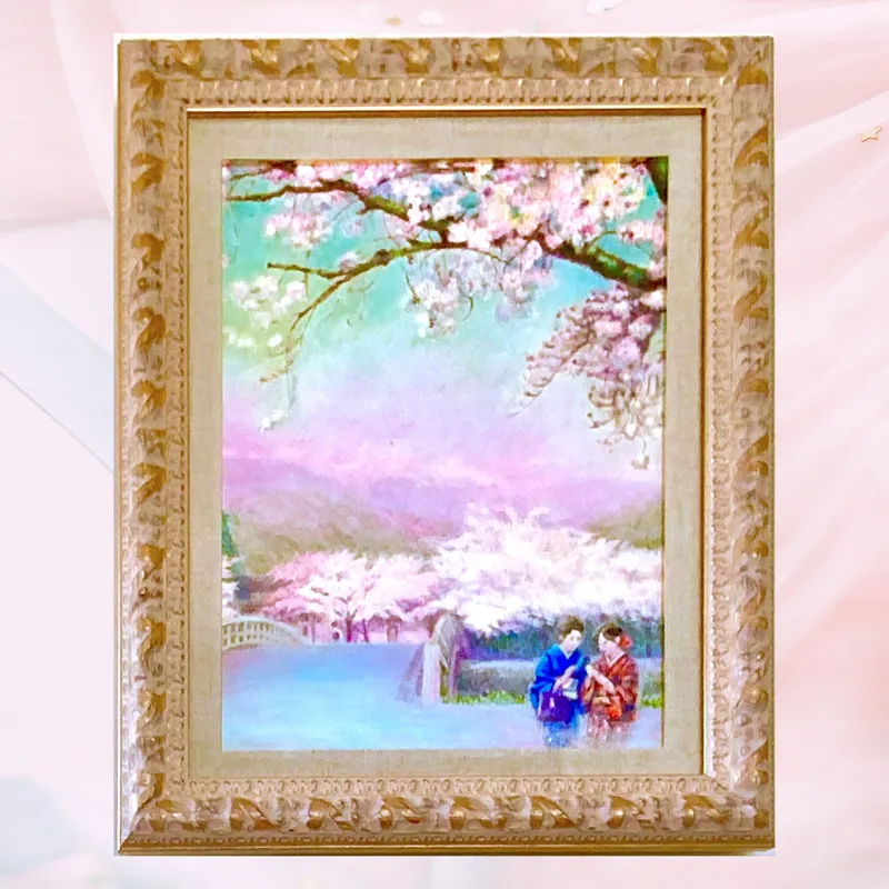 風景画「桜の京散歩」油彩画 F6 額付き