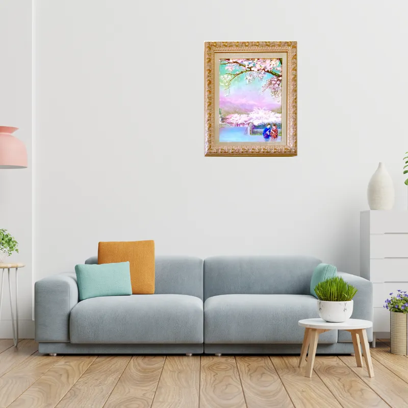 風景画「桜の京散歩」油彩画 F6 額付き