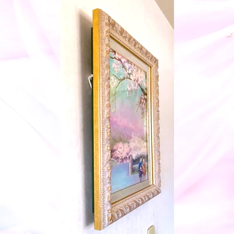 風景画「桜の京散歩」油彩画 F6 額付き
