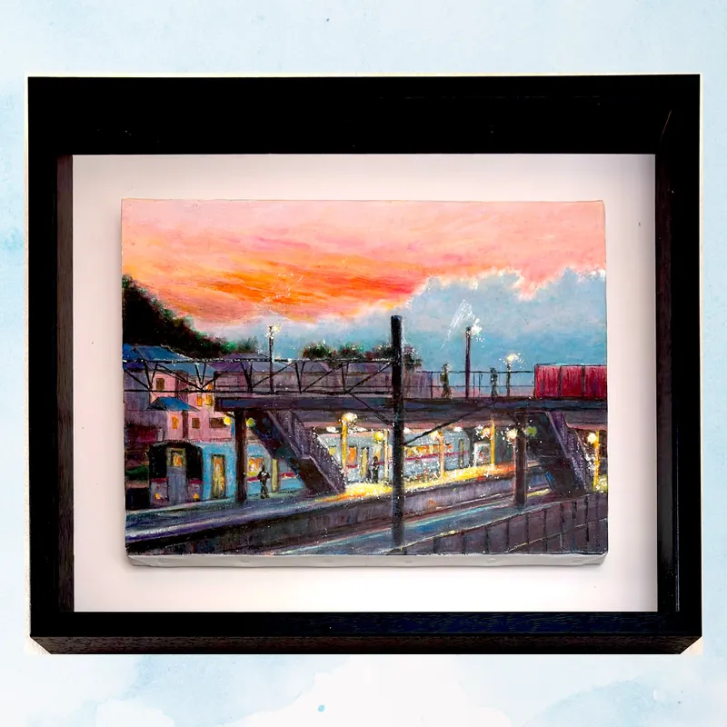 風景画「ただいま！お疲れ様！」油彩画/F4  額付き