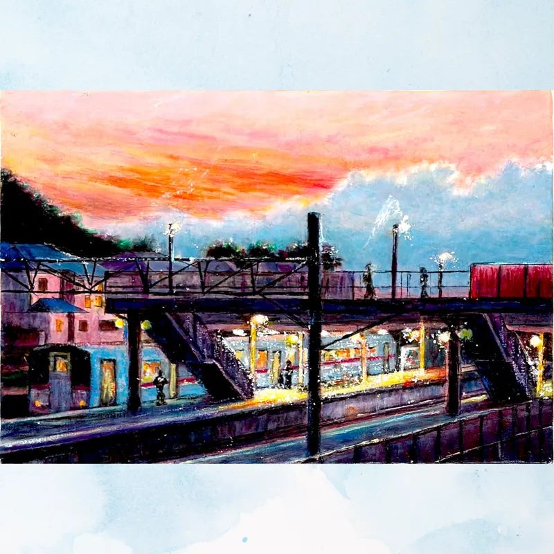 風景画「ただいま！お疲れ様！」油彩画/F4  額付き