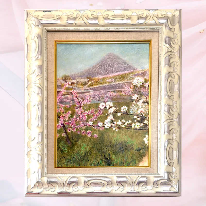 風景画「花霞の丘」油彩画/F4 額付き