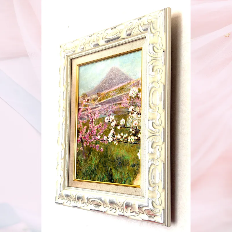 風景画「花霞の丘」油彩画/F4 額付き