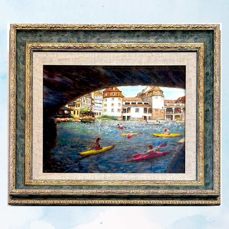 風景画「仏独国境の街」油彩画/F3 額付き