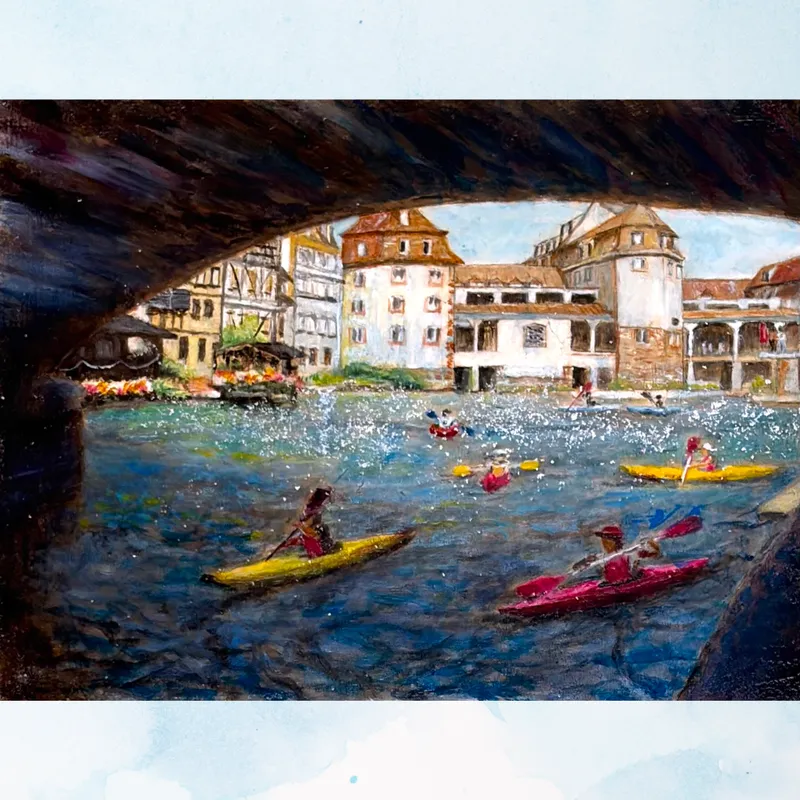 風景画「仏独国境の街」油彩画/F3 額付き