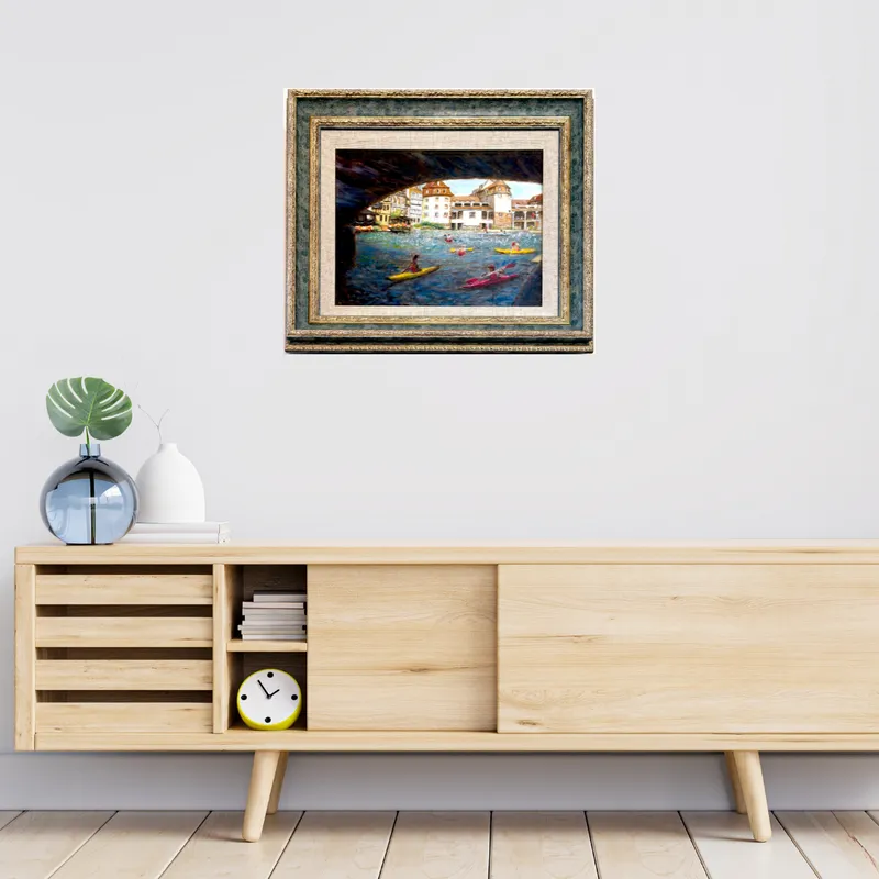 風景画「仏独国境の街」油彩画/F3 額付き