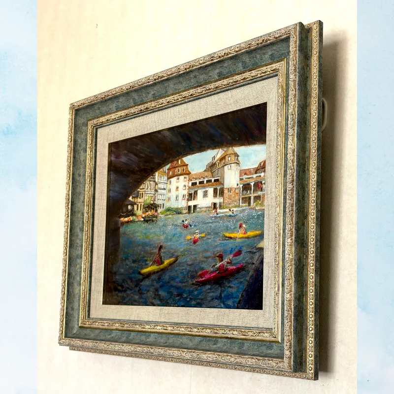 風景画「仏独国境の街」油彩画/F3 額付き