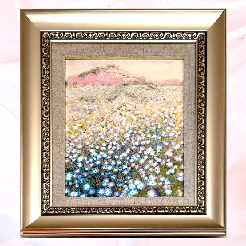 風景画「島の丘を彩るネモフィラ」油彩画 F3 額付き