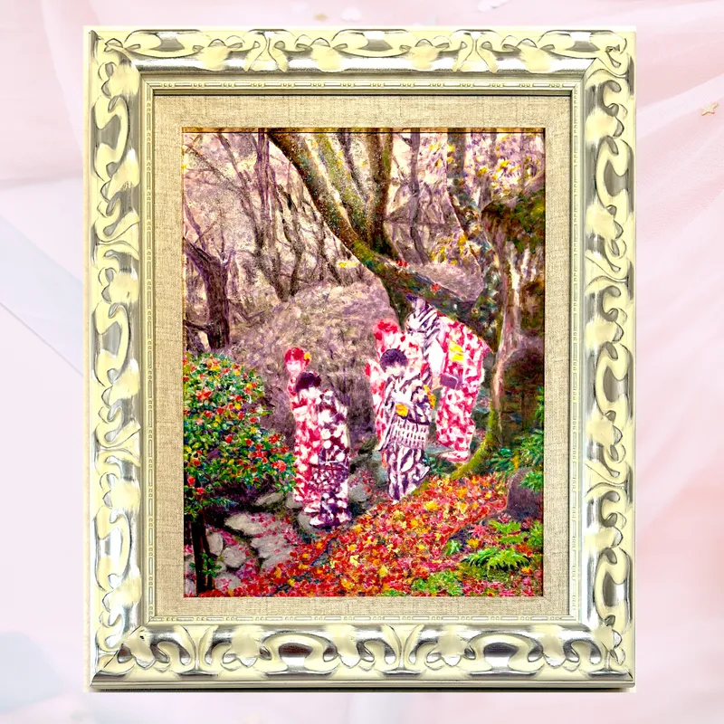 風景画「紅葉の京散歩」油彩画F6 額付き （アクリル面）