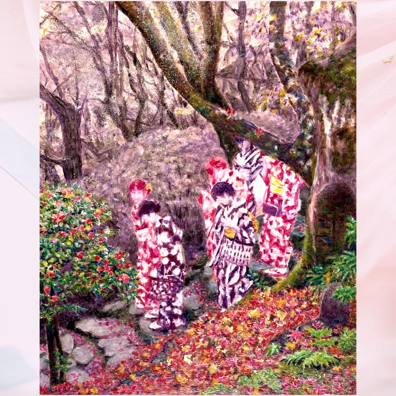 風景画「紅葉の京散歩」油彩画F6 額付き （アクリル面）