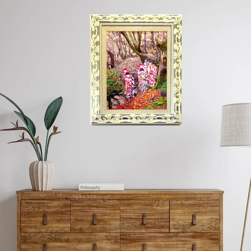 風景画「紅葉の京散歩」油彩画F6 額付き （アクリル面）