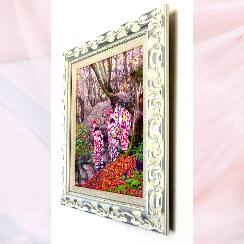 風景画「紅葉の京散歩」油彩画F6 額付き （アクリル面）