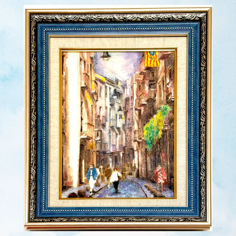 風景画「ジローナ旧市街」油彩画 F4/額付き