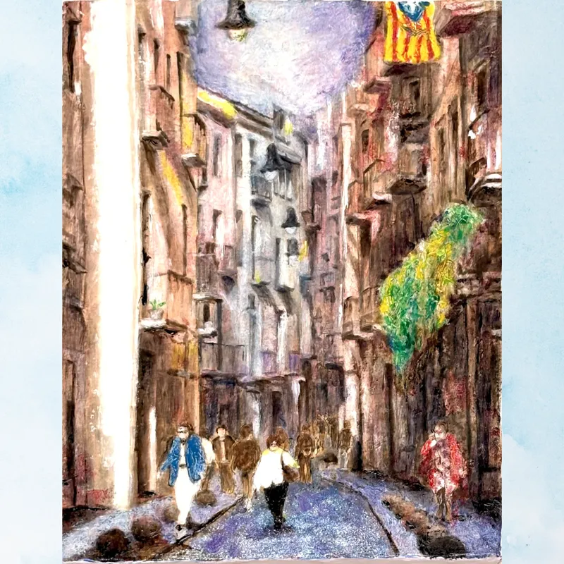 風景画「ジローナ旧市街」油彩画 F4/額付き