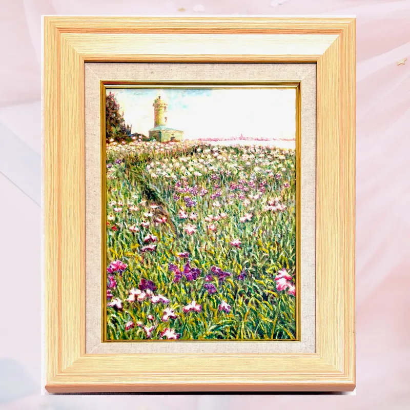 風景画「灯台と花菖蒲」油彩画 F4 額付き