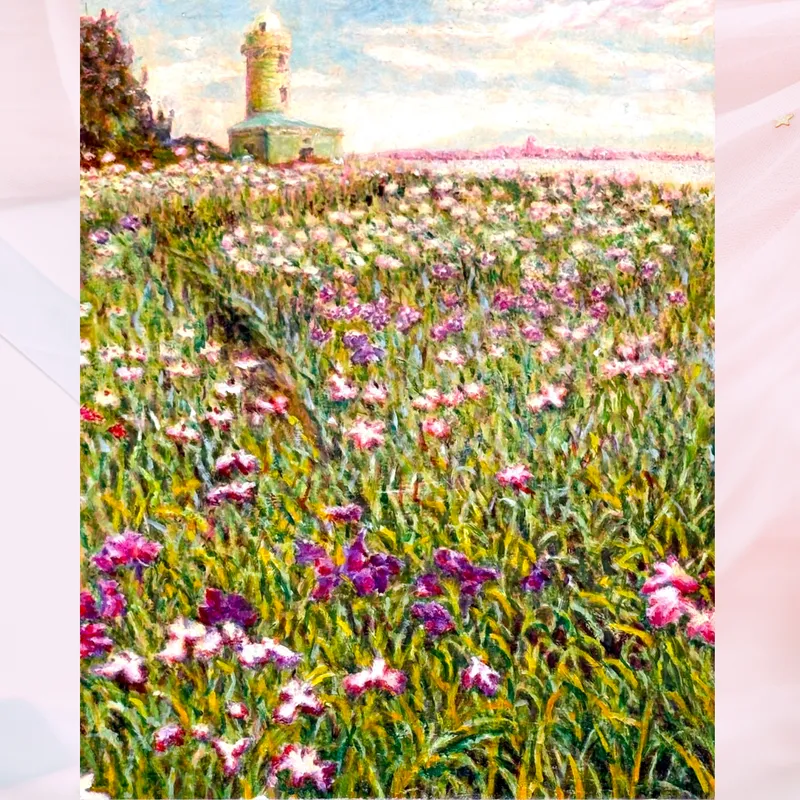 風景画「灯台と花菖蒲」油彩画 F4 額付き