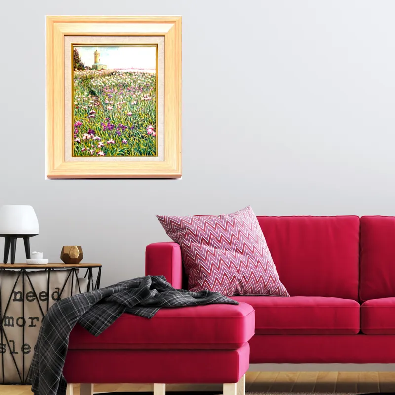 風景画「灯台と花菖蒲」油彩画 F4 額付き