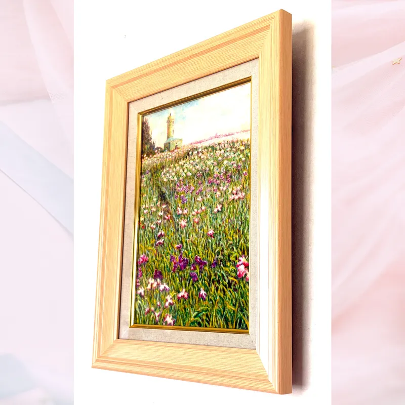 風景画「灯台と花菖蒲」油彩画 F4 額付き