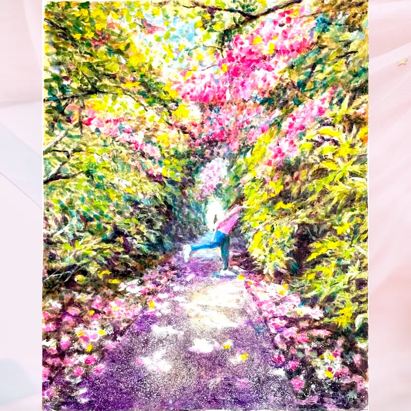 風景画「ツツジの木漏れ日」油彩画F4 額付き（アクリル面 ）