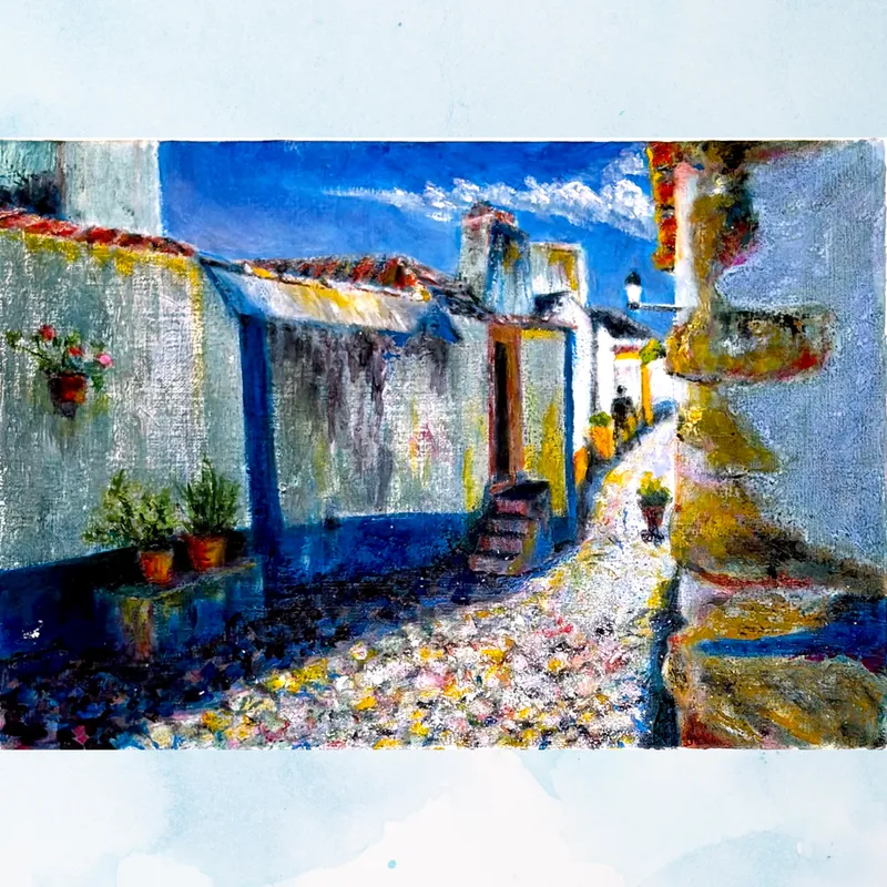 風景画「白壁の記憶・オビドス」油彩画 / F4 額付き