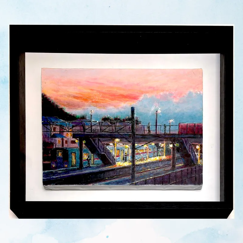 風景画「ただいま！お疲れ様！」油彩画/F4  額付き