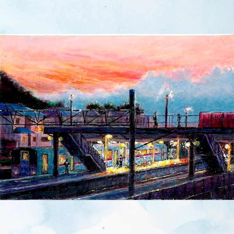 風景画「ただいま！お疲れ様！」油彩画/F4  額付き