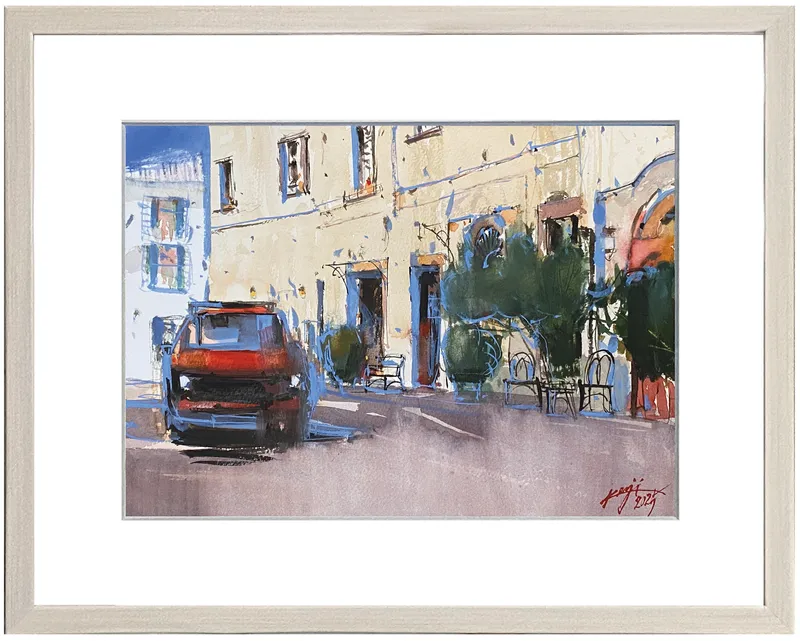 レストランと赤い車