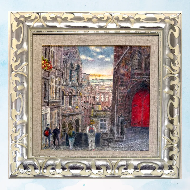 風景画「赤い扉のある夕べ」油彩画 / S3