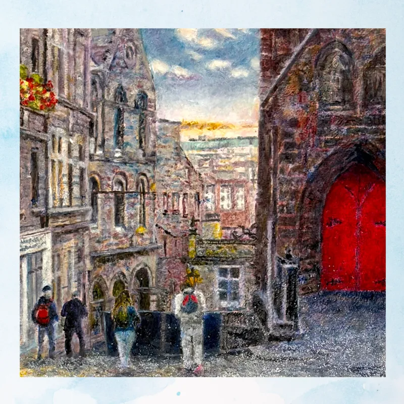 風景画「赤い扉のある夕べ」油彩画 / S3