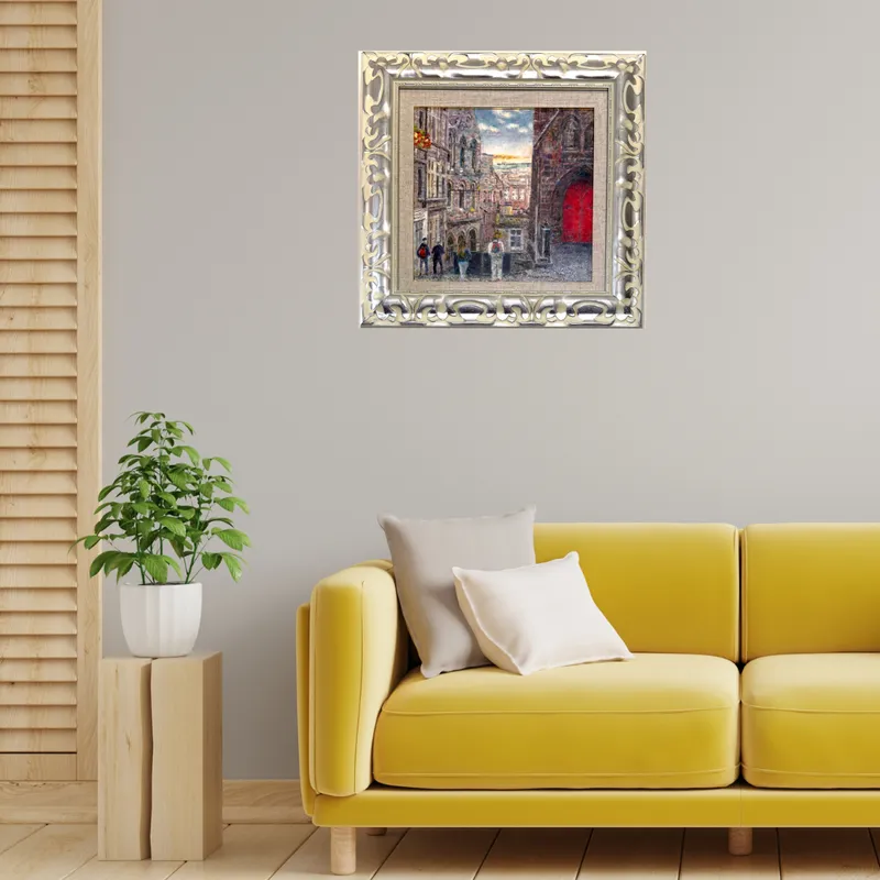 風景画「赤い扉のある夕べ」油彩画 / S3