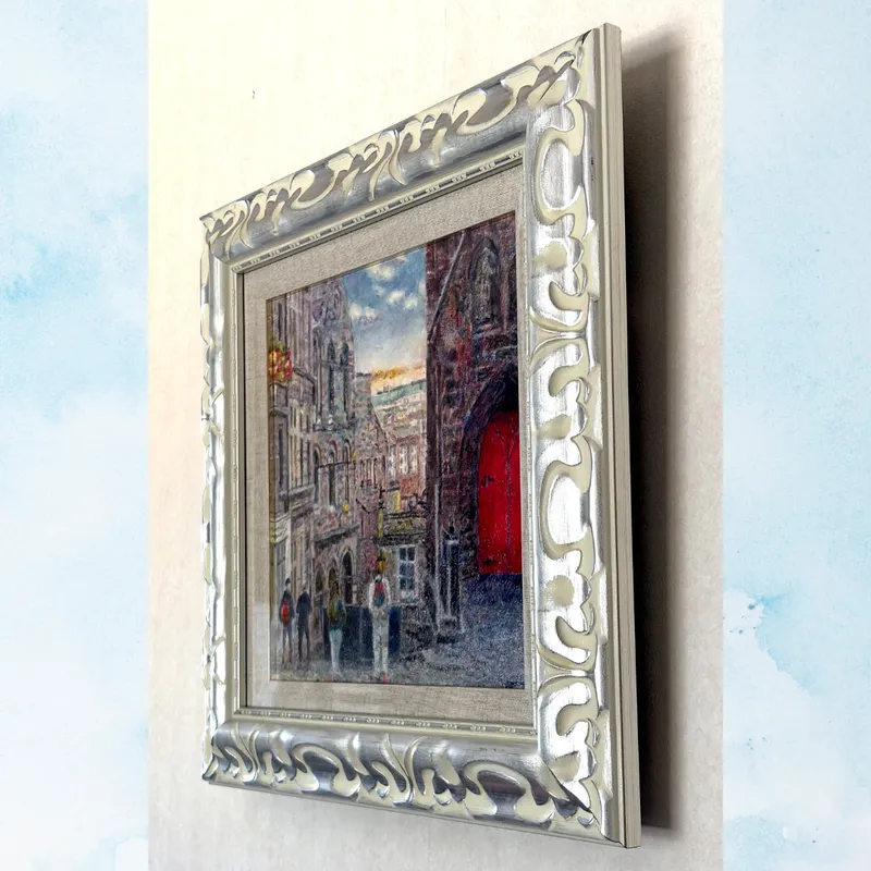 風景画「赤い扉のある夕べ」油彩画 / S3