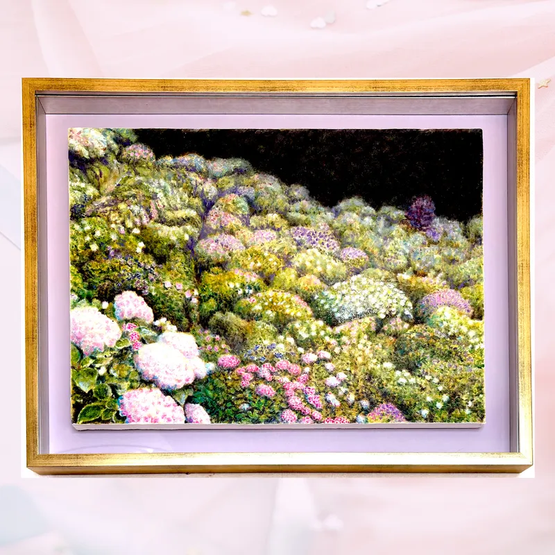 風景画「光あふれる新宮あじさいの里」油彩画 / B3 額付き