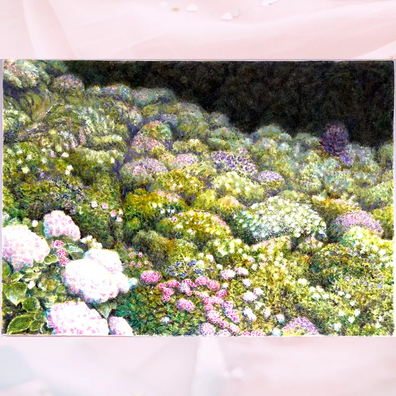 風景画「光あふれる新宮あじさいの里」油彩画 / B3 額付き