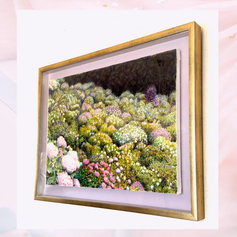 風景画「光あふれる新宮あじさいの里」油彩画 / B3 額付き