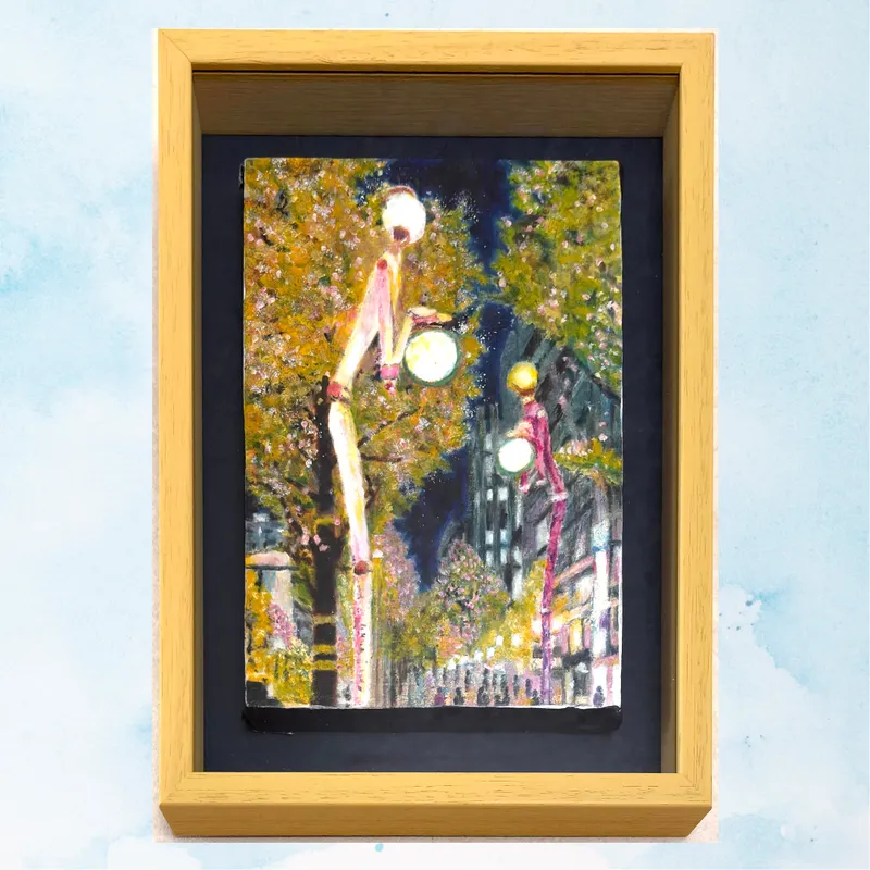 風景画「アートな街路灯の街」油彩画 SM 額付き
